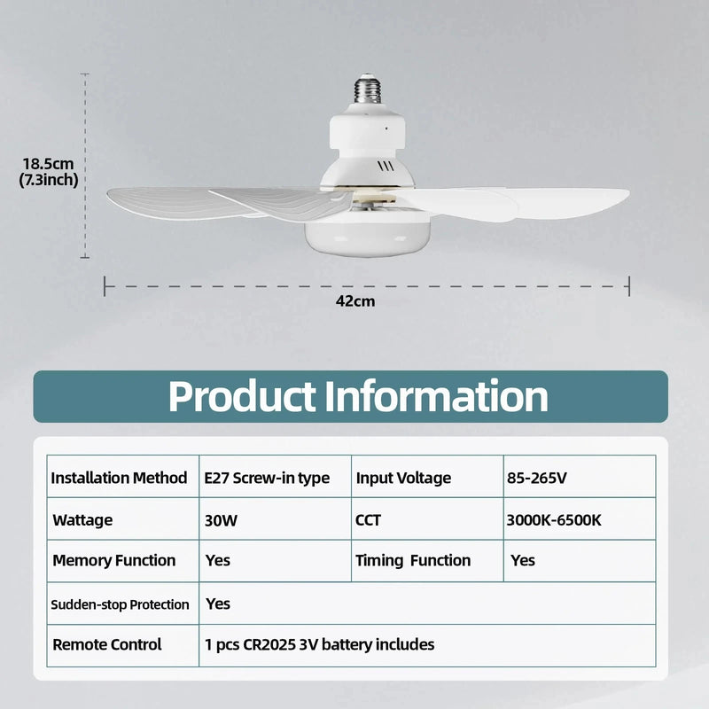 Ventilador de Teto com Luminária LED 30W / Bocal E27 / Com Controle  Remoto / Adequado para Sala de Estar, Quarto /  Tensão  85-265V