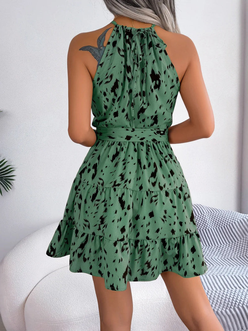 Vestido estampado de leopardo com babados e pescoço pendurado, moda feminina, primavera verão, sexy, halter, mini vestido