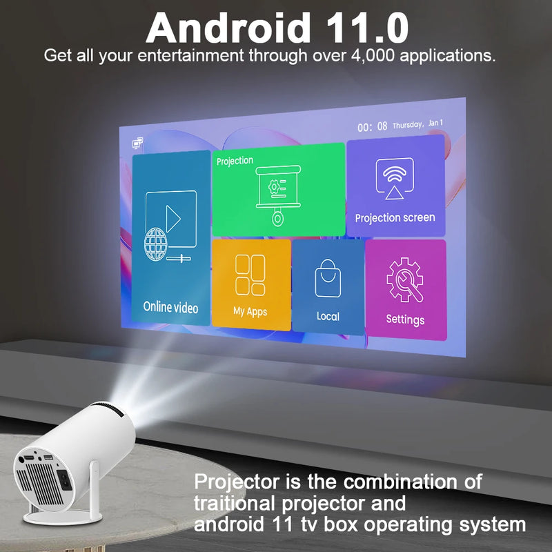 Projetor Portátil Para  Cinema em Casa / HY300 PRO / 4K / Android 11 / Dual / Wifi6 / 260ANSI / Allwinner / H713 BT5.0 / 1080P 1280*720P